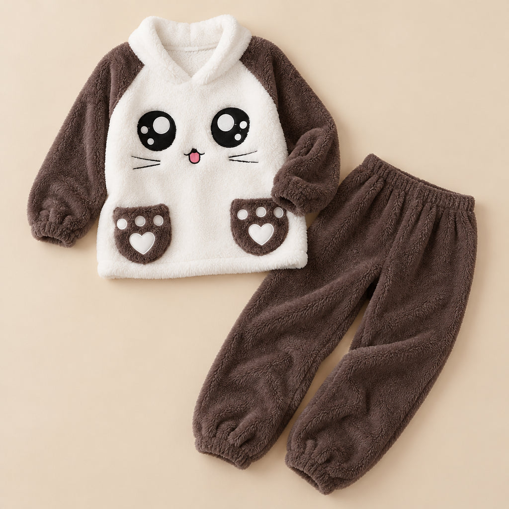 Ensemble pyjama deux pièces Pyjama hiver panda blanc chaud pour femme posé à plat sur fond beige, sans personne