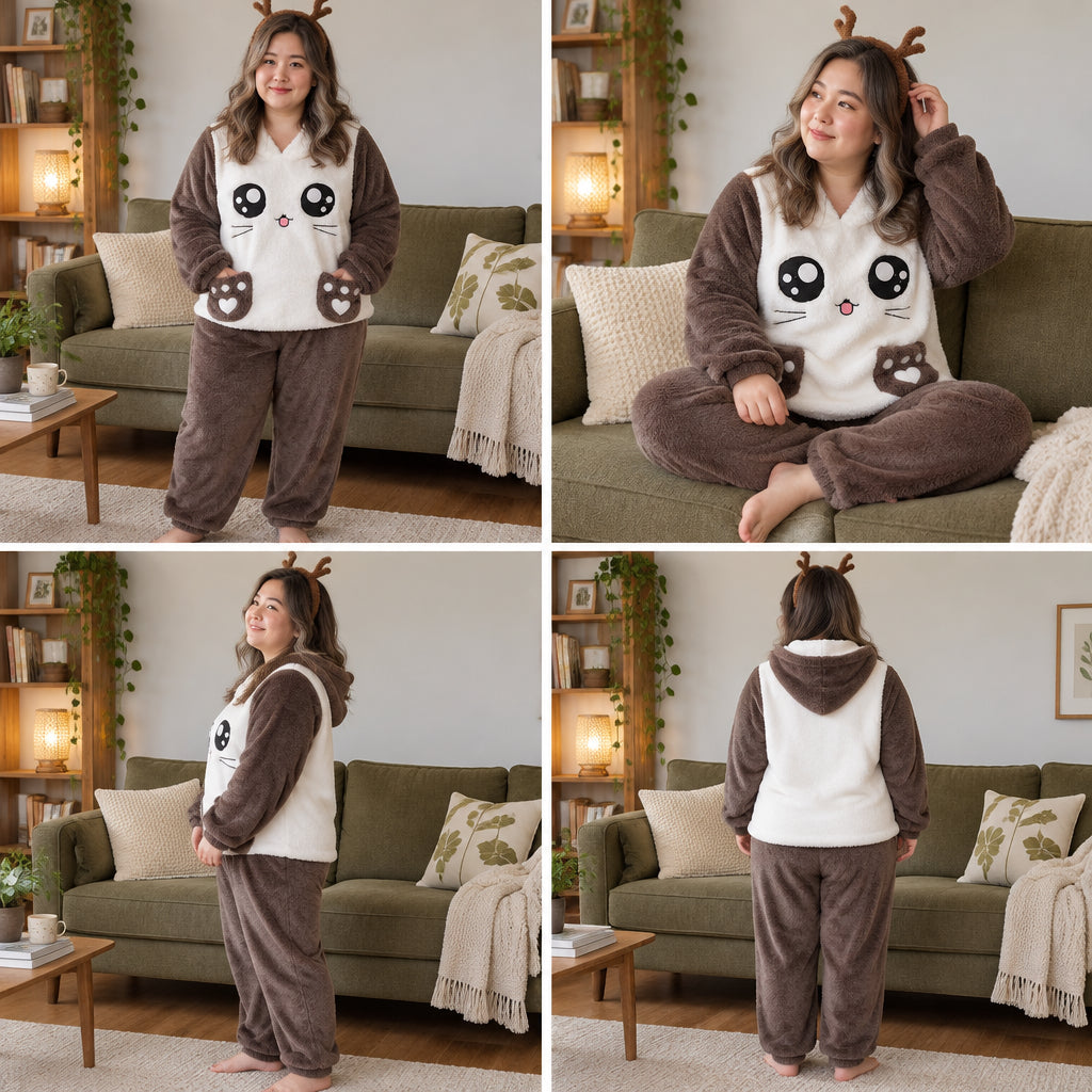 Quatre angles de Pyjama hiver panda blanc chaud pour femme porté
