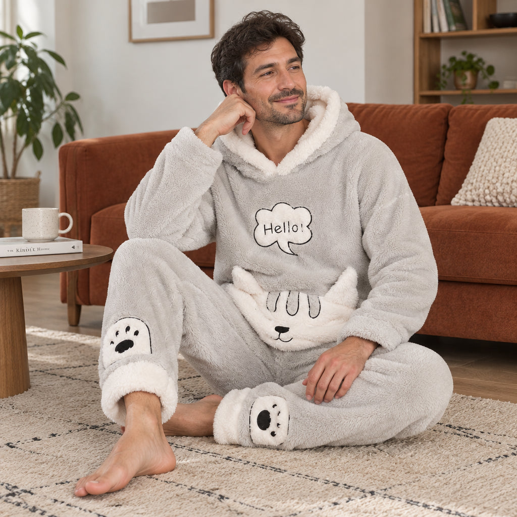 Cover frontale de Ensemble pyjama chat gris à capuche homme, portée et entièrement visible