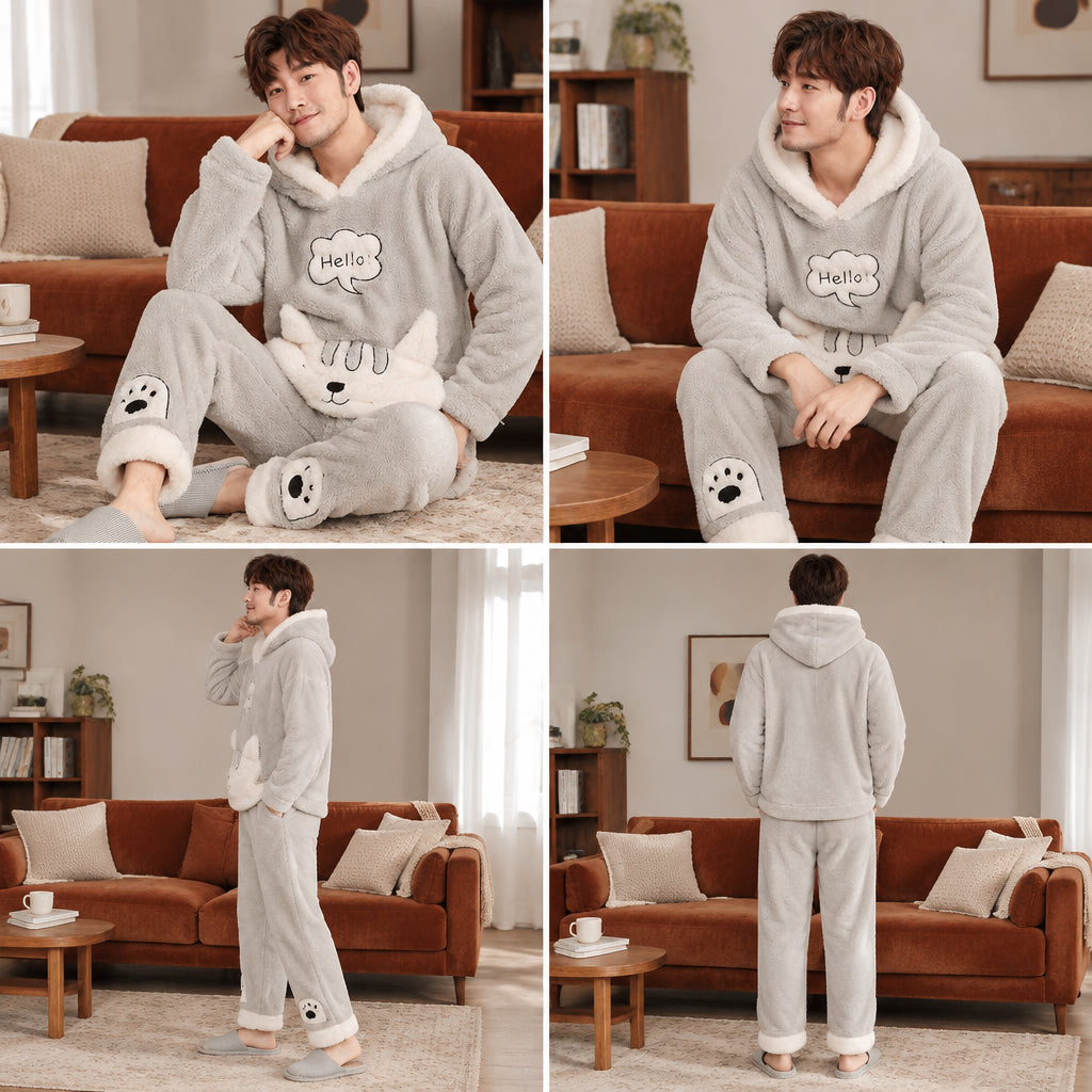 Quatre angles de Ensemble pyjama chat gris à capuche homme porté