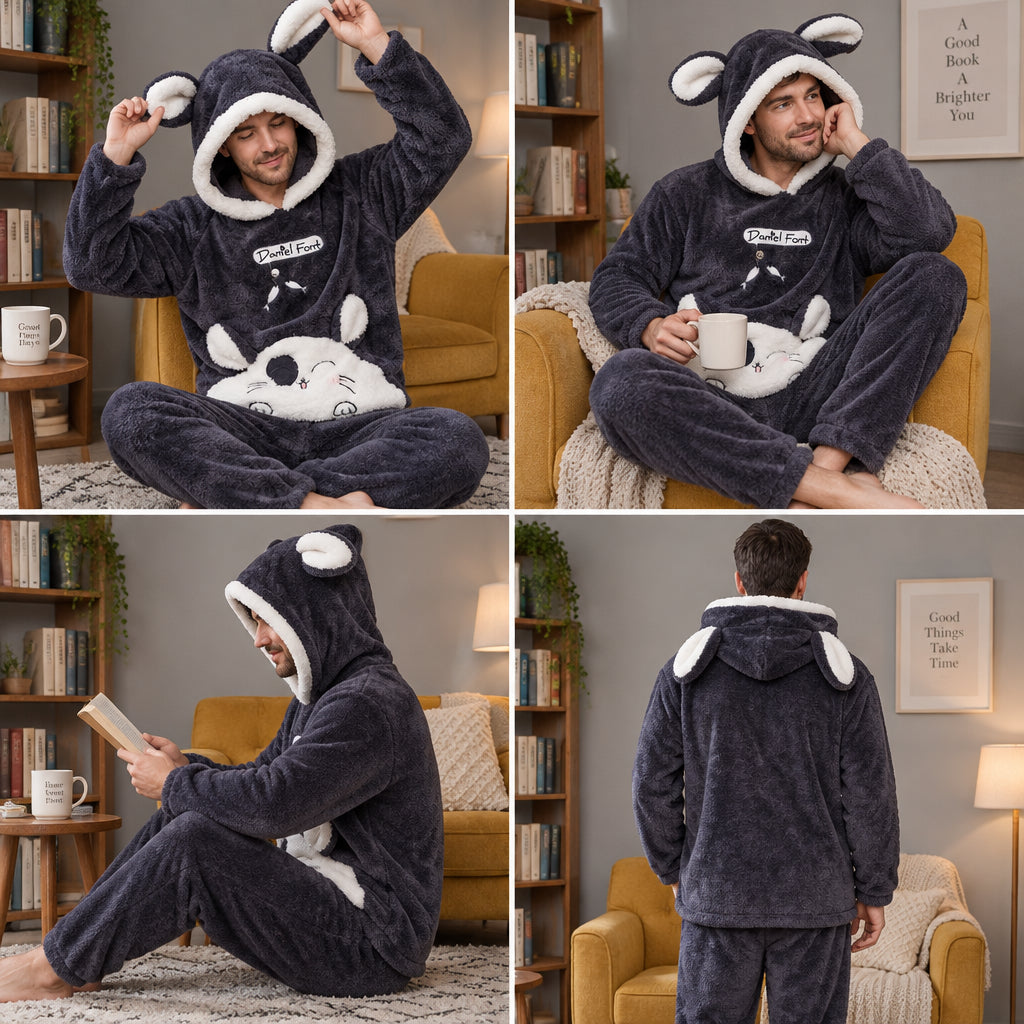 Quatre angles de Pyjama chaud lapin blanc à capuche homme grande taille porté