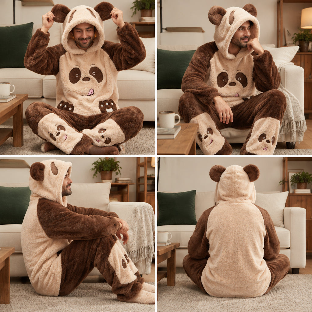 Quatre angles de Pyjama moumoute chien marron à capuche homme porté