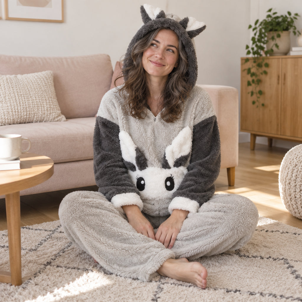 Cover frontale de Pyjama hiver lapin gris à capuche femme, portée et entièrement visible