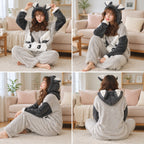 Quatre angles de Pyjama hiver lapin gris à capuche femme porté