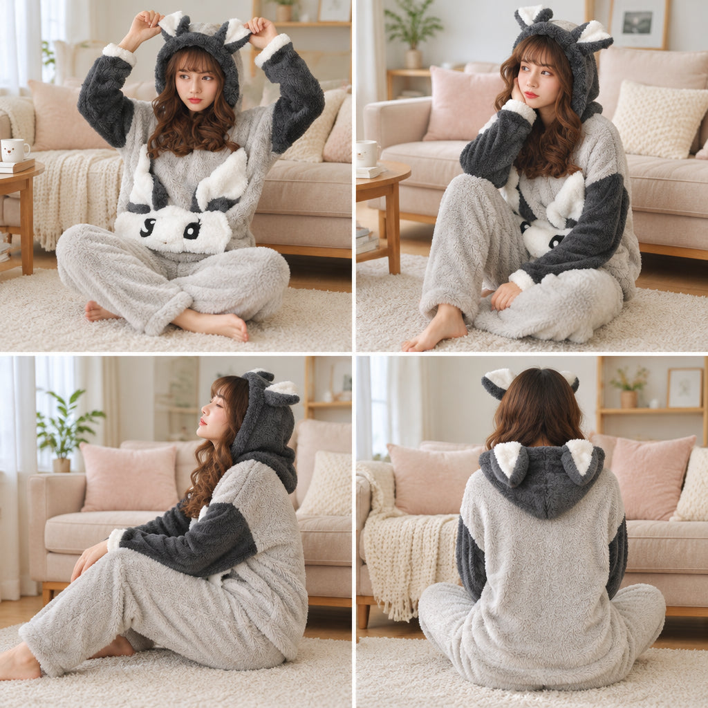 Quatre angles de Pyjama hiver lapin gris à capuche femme porté