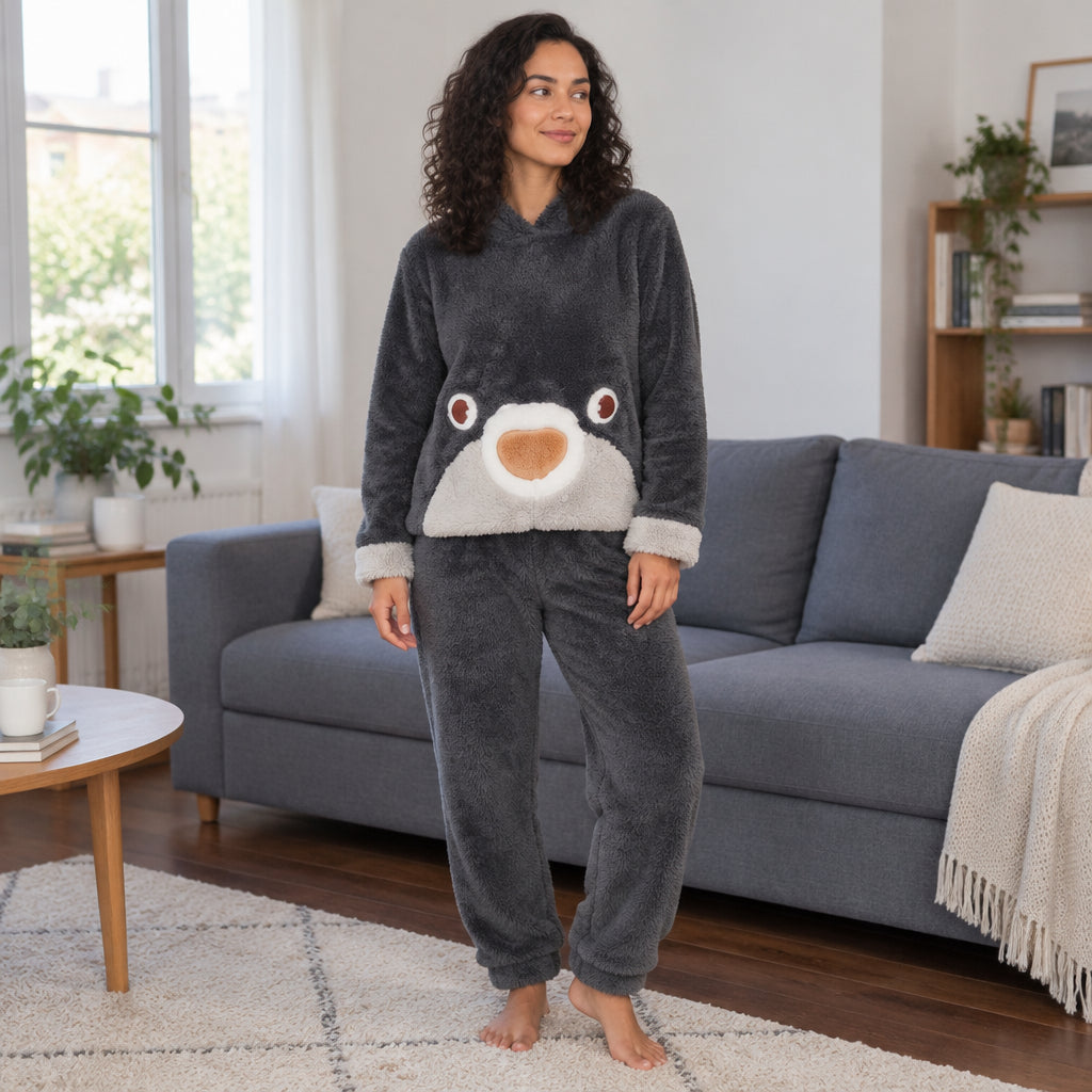 Cover frontale de Pyjama pilou pilou renne gris à capuche femme, portée et entièrement visible