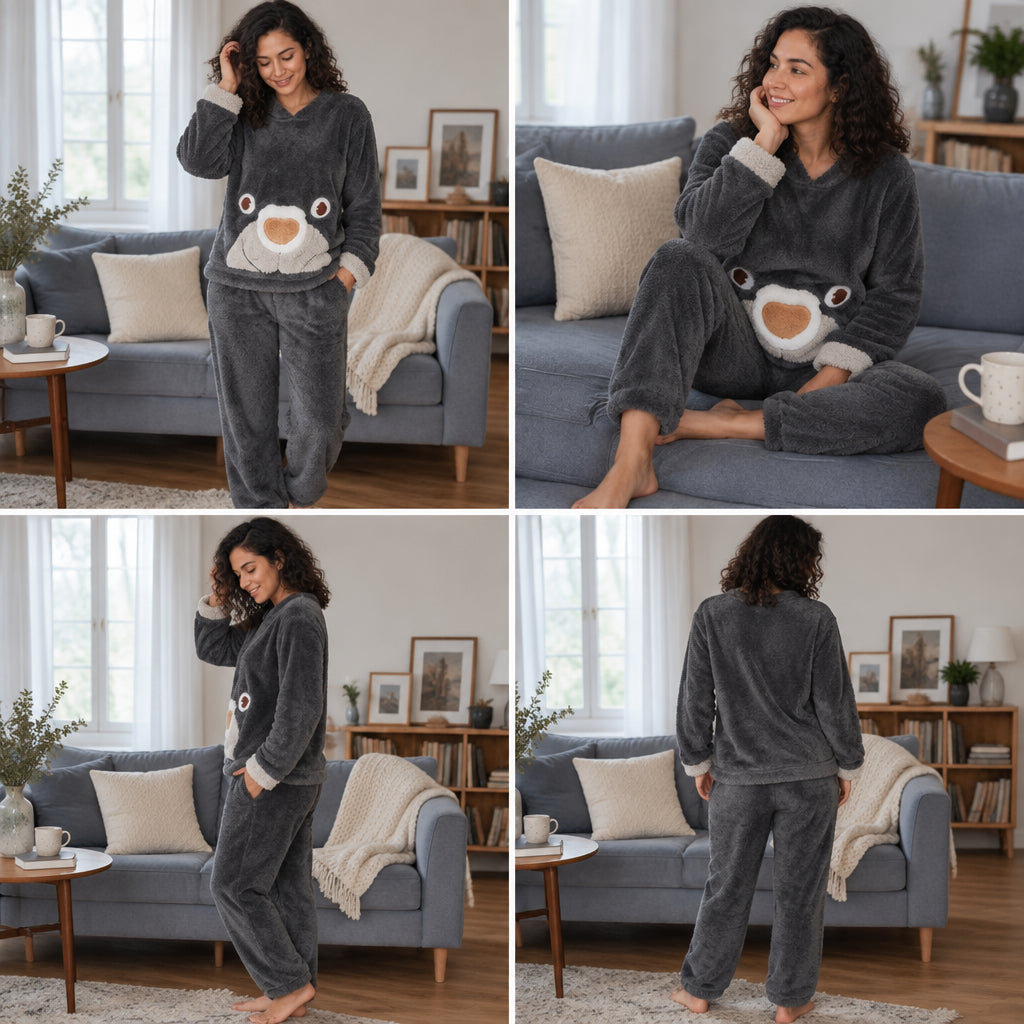 Quatre angles de Pyjama pilou pilou renne gris à capuche femme porté