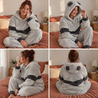 Quatre angles de Pyjama chaud ours gris clair à capuche femme porté