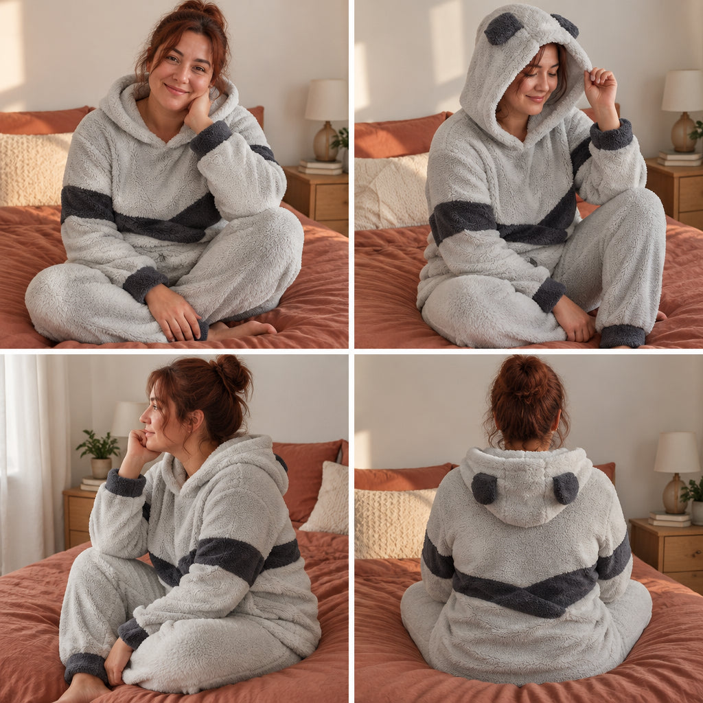 Quatre angles de Pyjama chaud ours gris clair à capuche femme porté