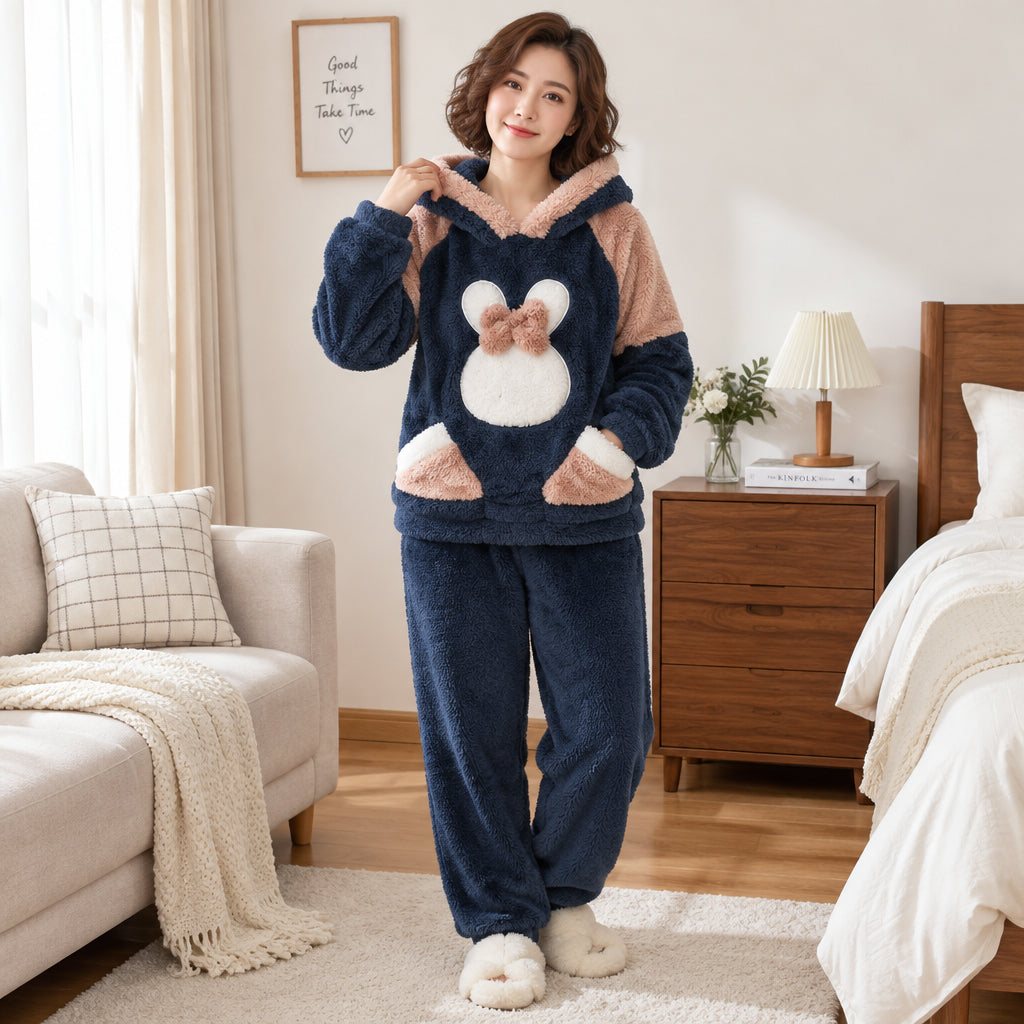Cover frontale de Ensemble pyjama lapin bleu marine à capuche femme, portée et entièrement visible