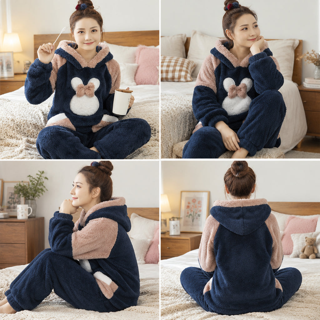 Quatre angles de Ensemble pyjama lapin bleu marine à capuche femme porté
