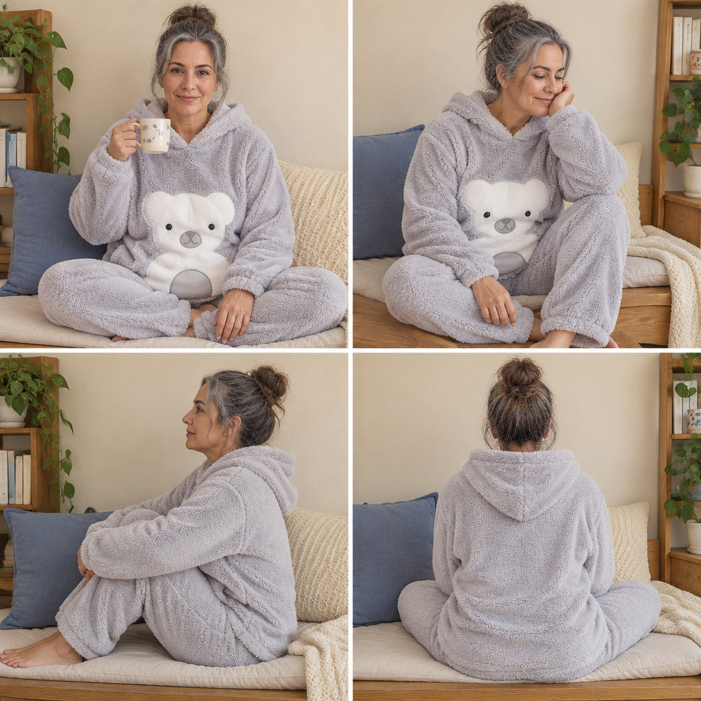 Quatre angles de Pyjama polaire ours gris pour femme porté