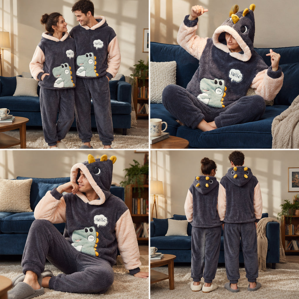 Quatre angles de Pyjama pilou pilou couple dinosaure vert tout doux porté