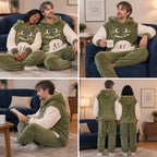 Quatre angles de Pyjama chaud couple dinosaure vert à capuche porté