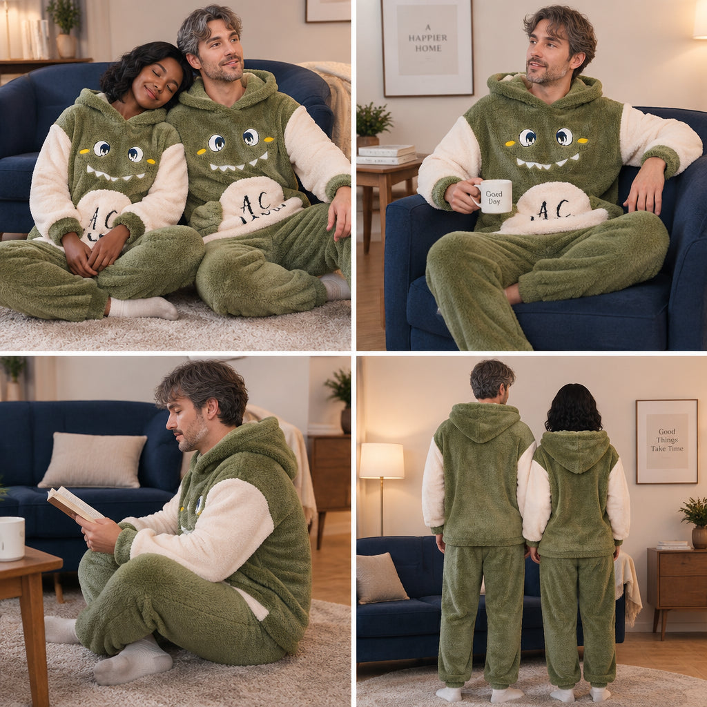 Quatre angles de Pyjama chaud couple dinosaure vert à capuche porté