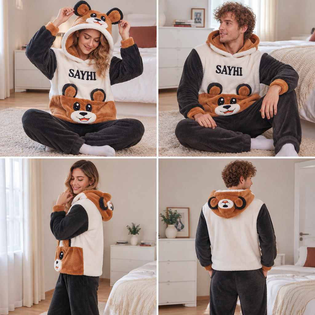 Quatre angles de Pyjama d’hiver couple ours brun doux à capuche porté