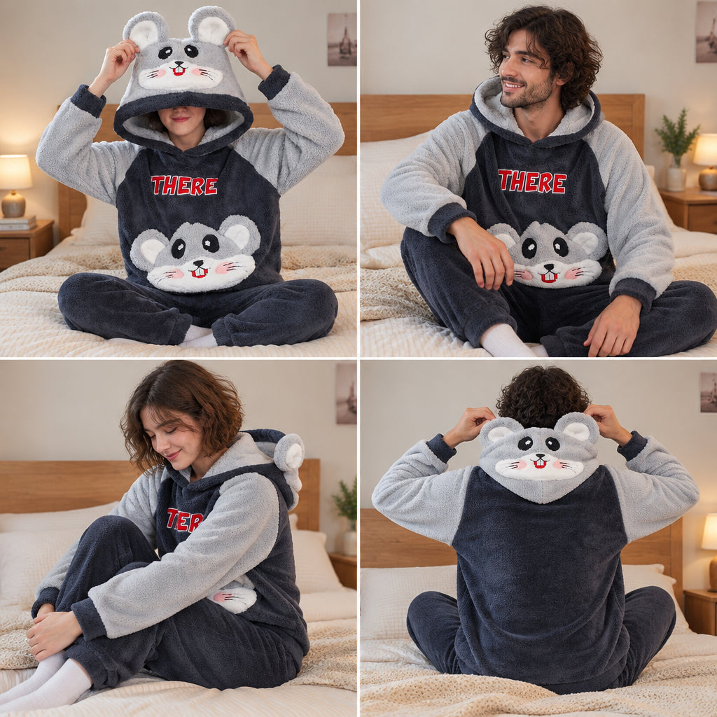 Quatre angles de Pyjama moumoute couple souris grise à capuche porté