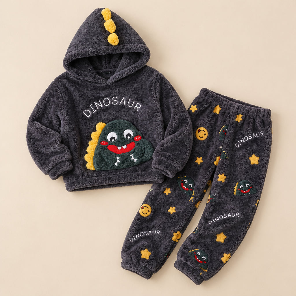 Ensemble pyjama deux pièces Ensemble pyjama couple dinosaure bleu à capuche posé à plat sur fond beige, sans personne