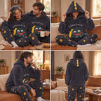 Quatre angles de Ensemble pyjama couple dinosaure bleu à capuche porté