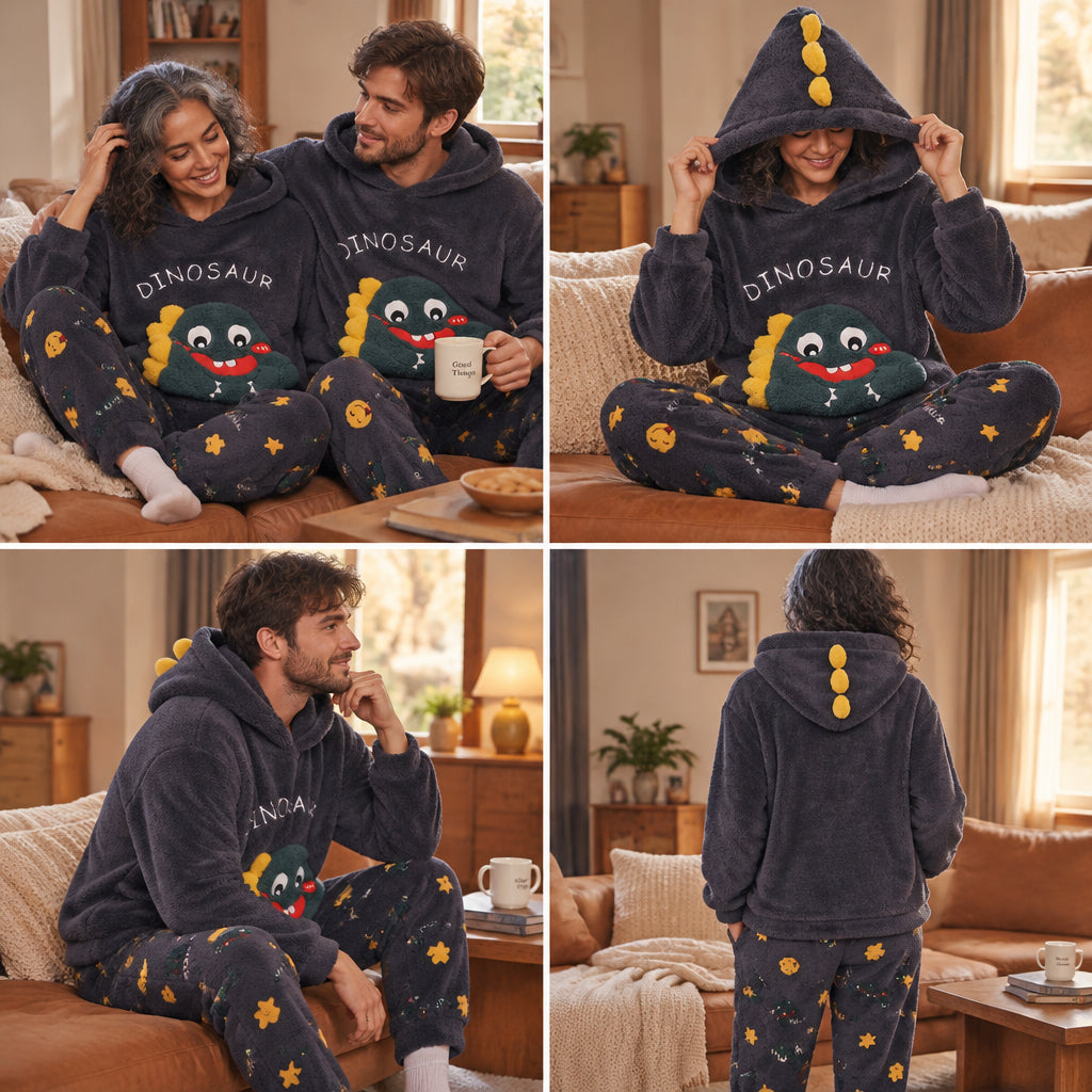 Quatre angles de Ensemble pyjama couple dinosaure bleu à capuche porté