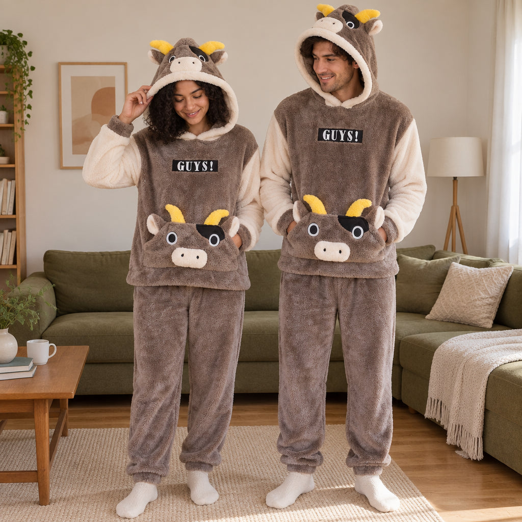 Cover frontale de Pyjama chaud couple vache marron à capuche, portée et entièrement visible