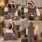 Quatre angles de Pyjama chaud couple vache marron à capuche porté