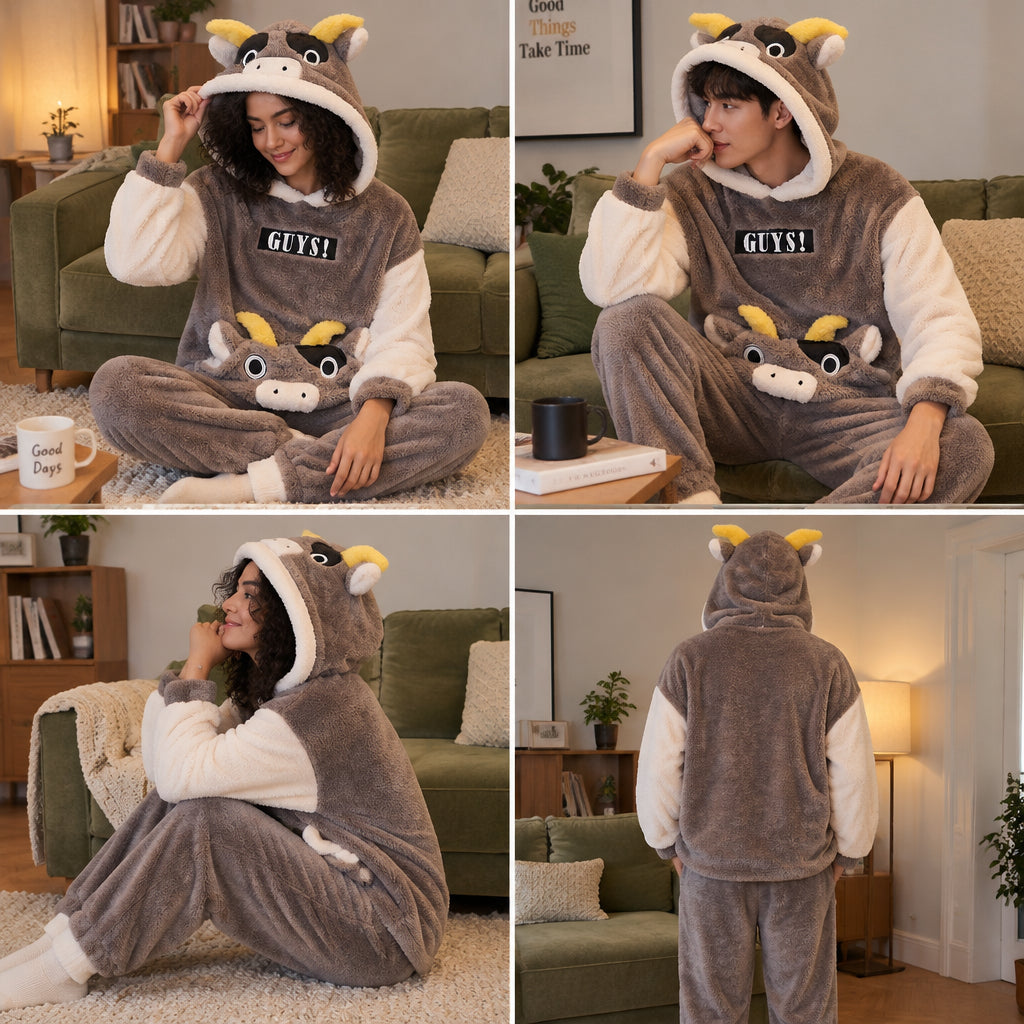 Quatre angles de Pyjama chaud couple vache marron à capuche porté