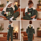 Quatre angles de Pyjama hiver couple dinosaure vert à capuche porté