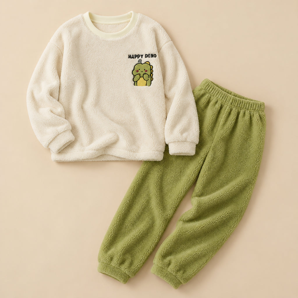 Ensemble pyjama deux pièces Pyjama pilou pilou couple dinosaure vert douillet posé à plat sur fond beige, sans personne