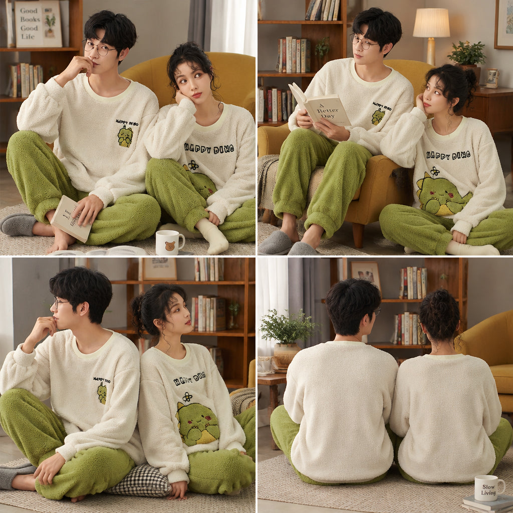 Quatre angles de Pyjama pilou pilou couple dinosaure vert douillet porté