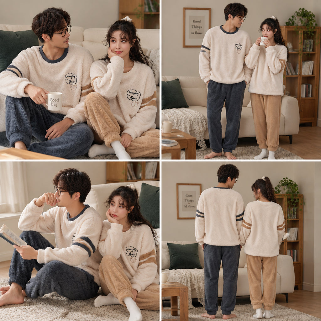 Quatre angles de Pyjama chaud couple ours tout doux porté
