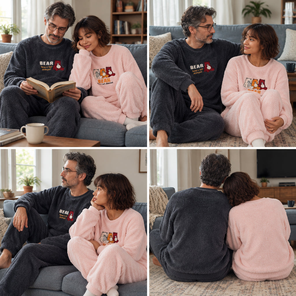 Quatre angles de Pyjama moumoute couple ours rose et bleu porté