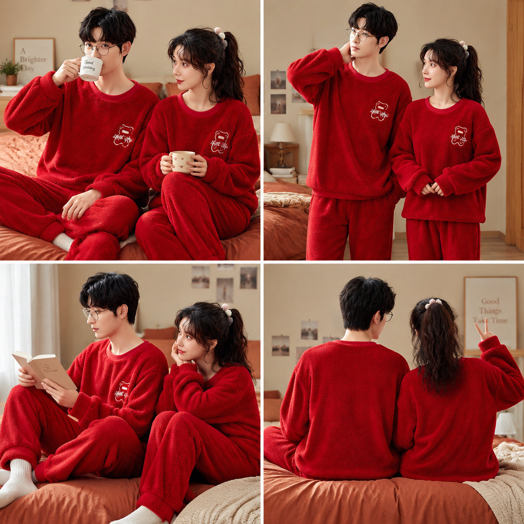 Quatre angles de Ensemble pyjama couple ours rouge chaleureux porté