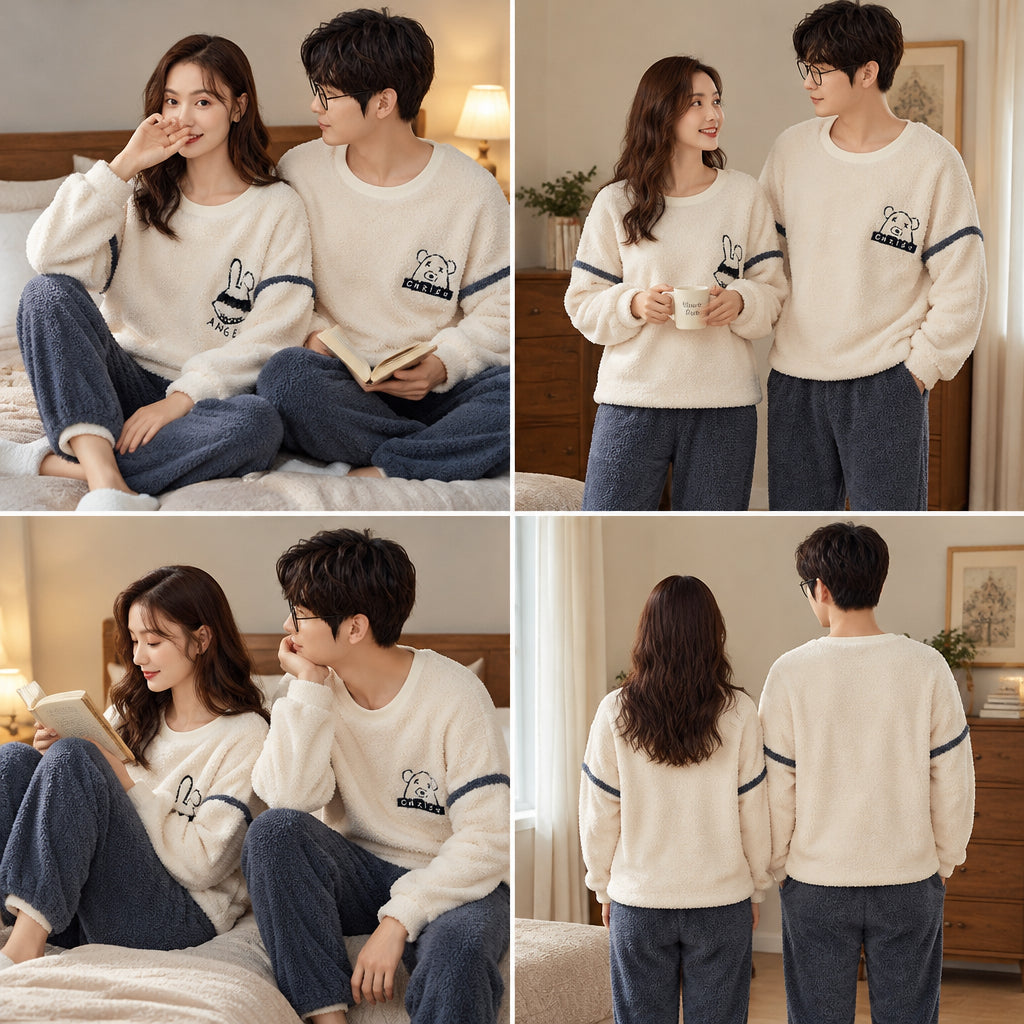Quatre angles de Pyjama pilou pilou couple lapin et ours porté