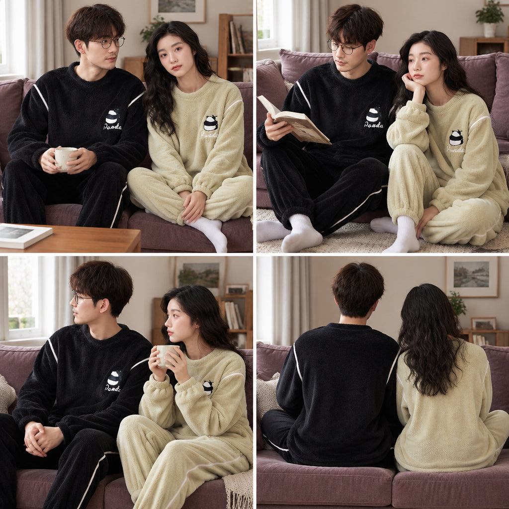 Quatre angles de Pyjama polaire couple panda noir et vert porté