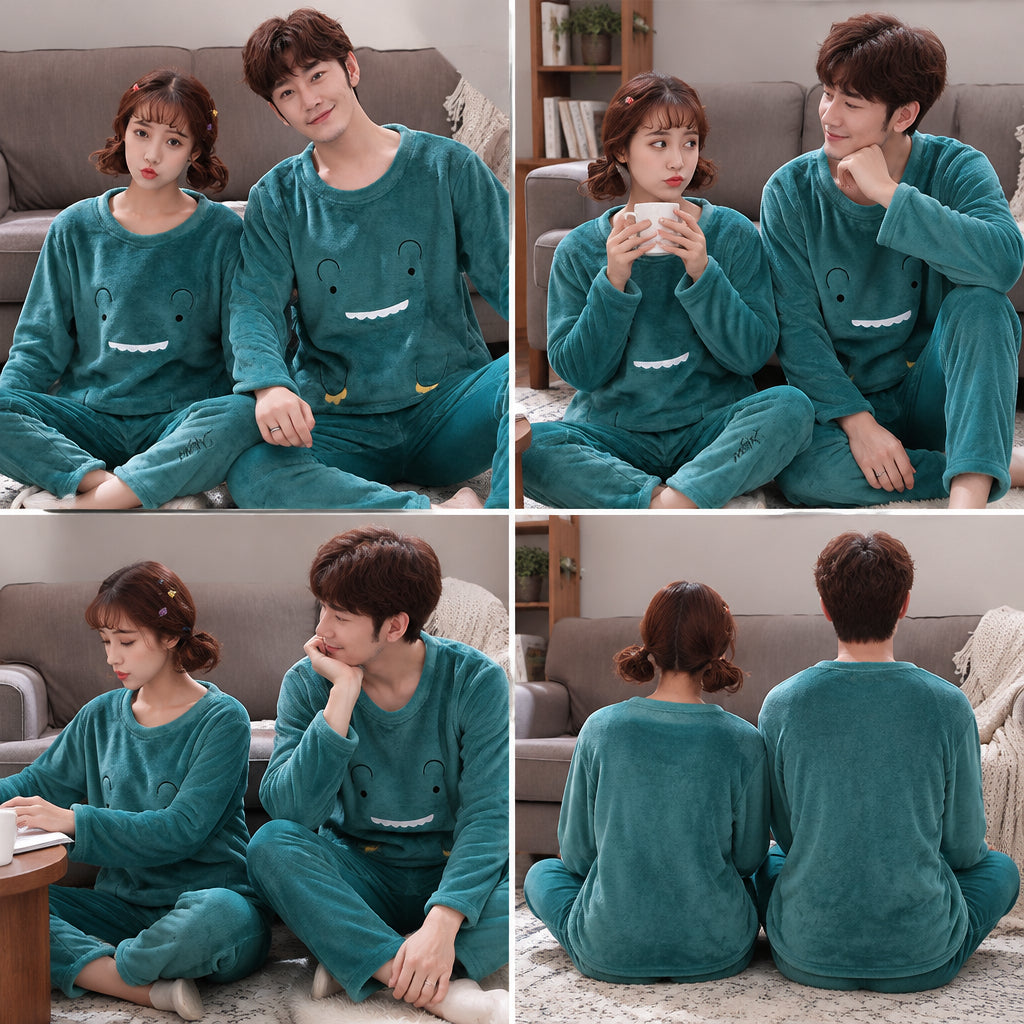 Quatre angles de Pyjama chaud couple animal vert canard porté