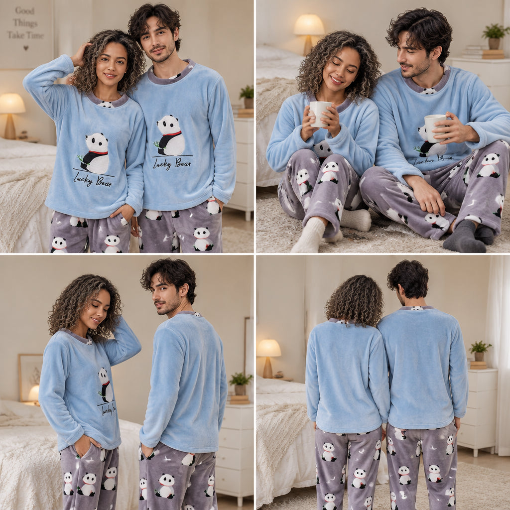 Quatre angles de Ensemble pyjama couple panda bleu ciel porté