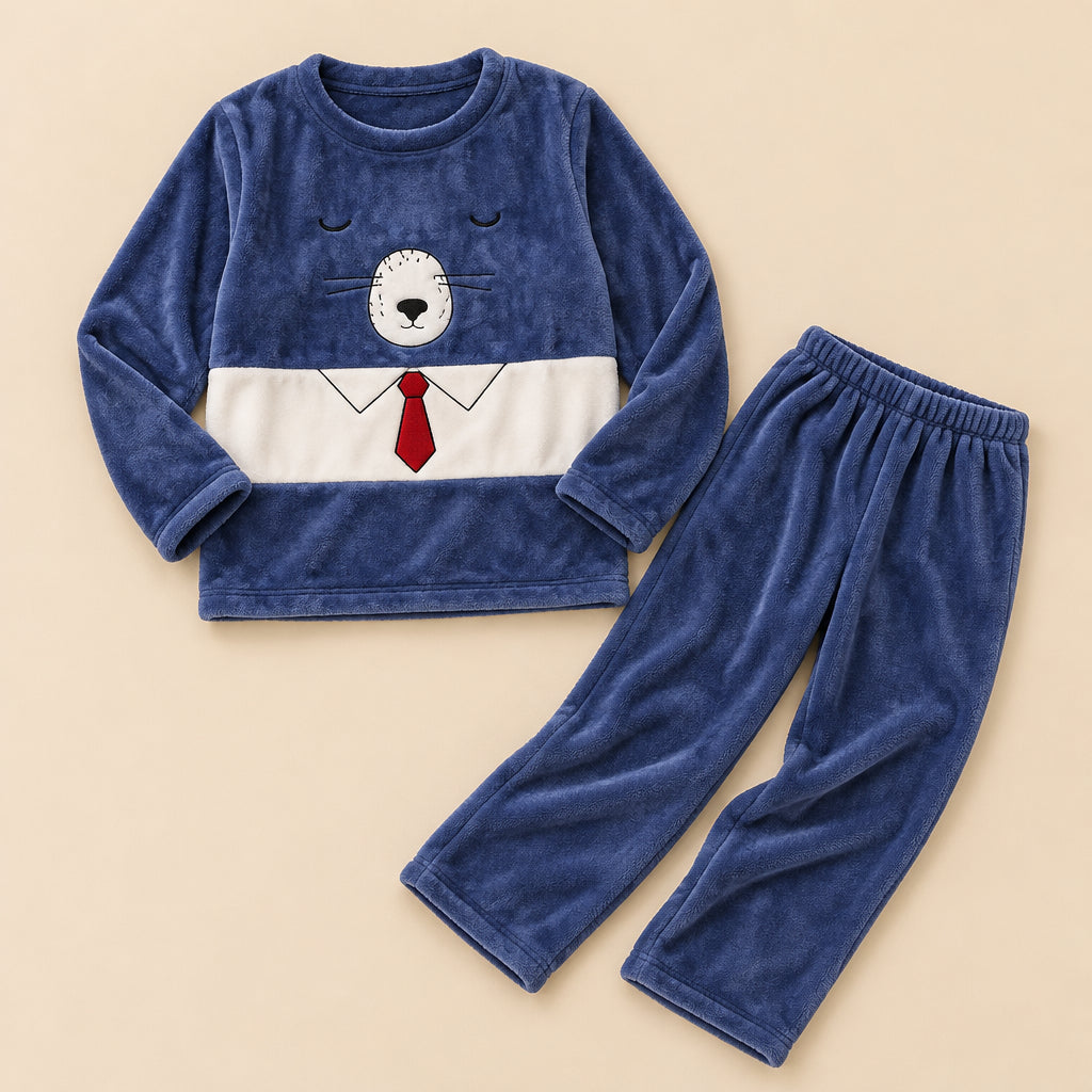 Ensemble pyjama deux pièces Pyjama pilou pilou couple ours bleu à cravate posé à plat sur fond beige, sans personne