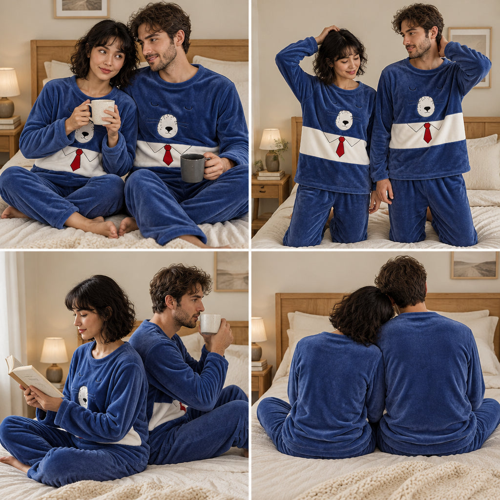 Quatre angles de Pyjama pilou pilou couple ours bleu à cravate porté