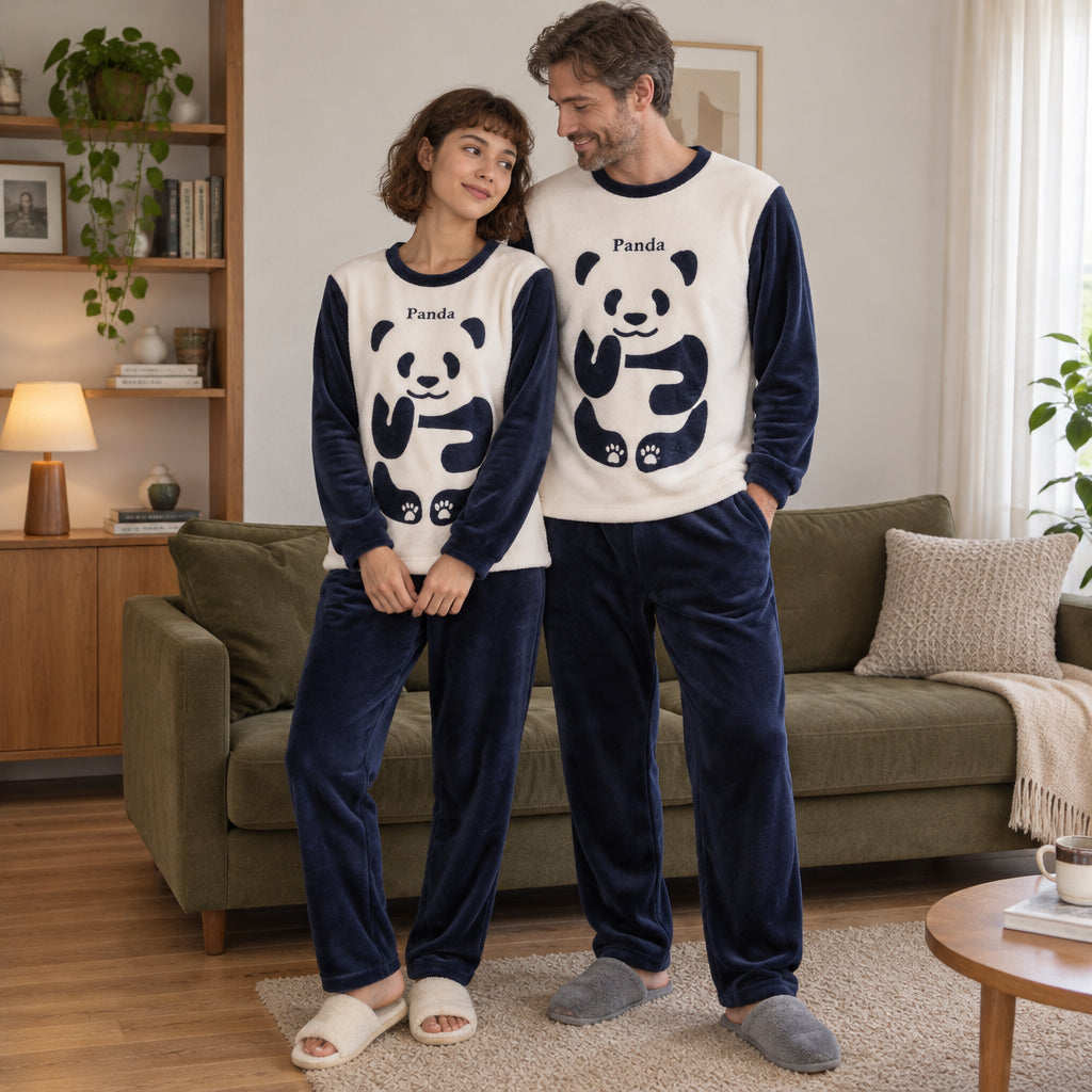 Cover frontale de Pyjama polaire couple panda doux, portée et entièrement visible