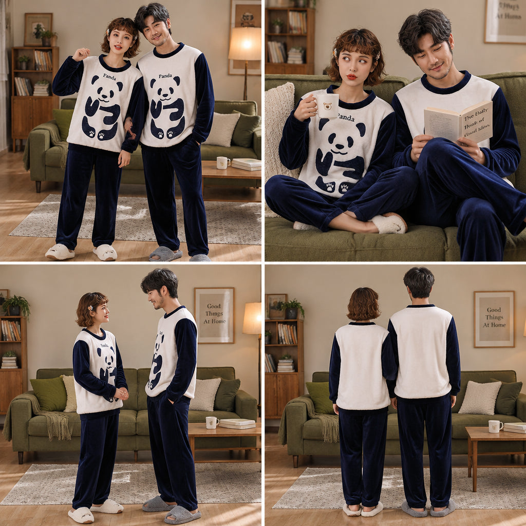 Quatre angles de Pyjama polaire couple panda doux porté