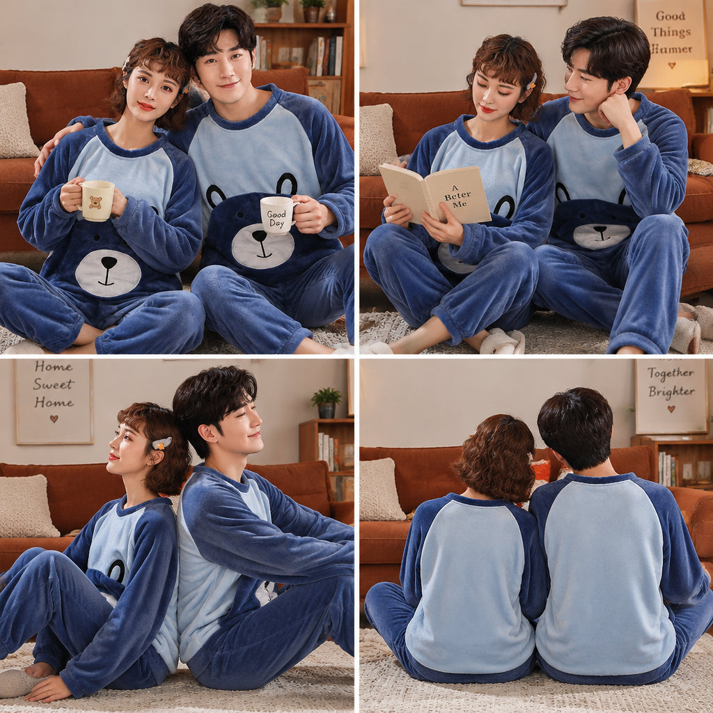 Quatre angles de Pyjama hiver couple ours bleu mignon porté