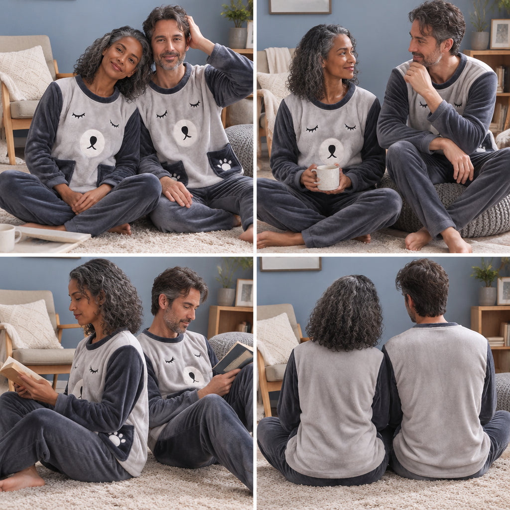 Quatre angles de Ensemble pyjama couple ours gris douillet porté