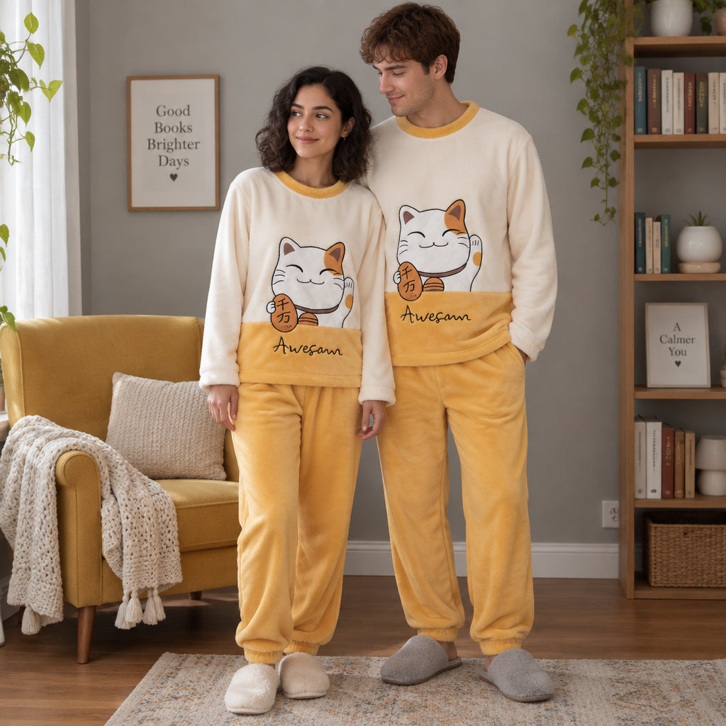 Cover frontale de Pyjama moumoute couple chat porte-bonheur, portée et entièrement visible