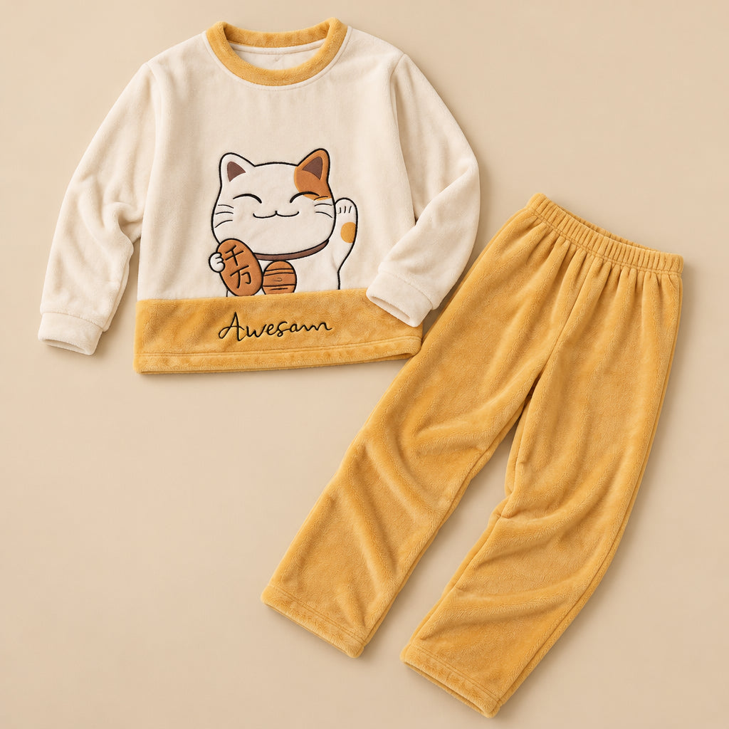 Ensemble pyjama deux pièces Pyjama moumoute couple chat porte-bonheur posé à plat sur fond beige, sans personne