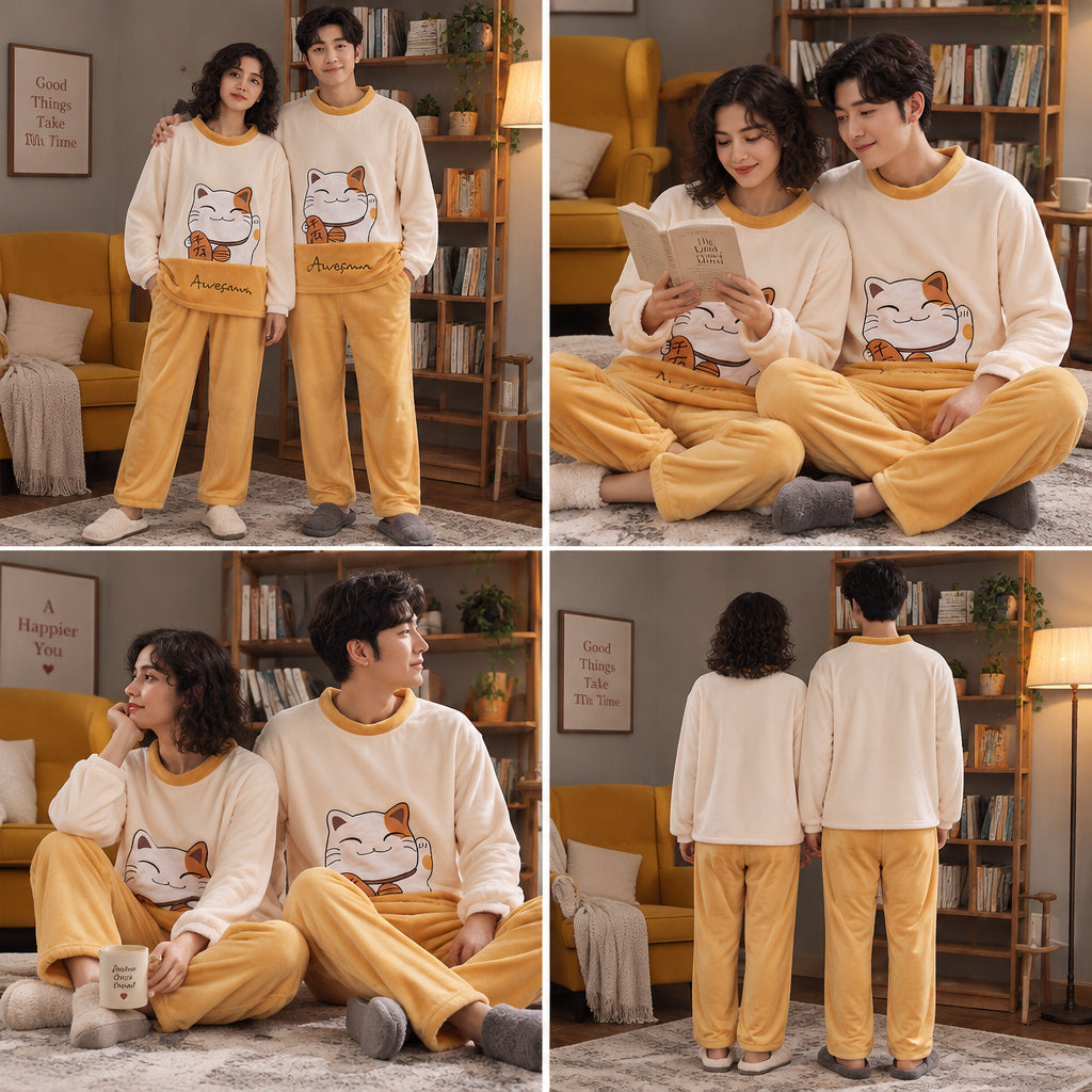 Quatre angles de Pyjama moumoute couple chat porte-bonheur porté