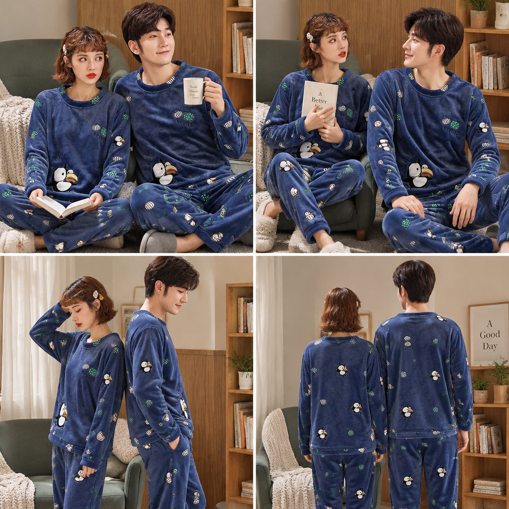 Quatre angles de Pyjama pilou pilou couple toucan bleu marine douillet porté
