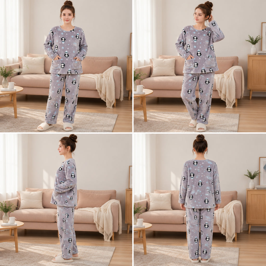 Quatre angles de Ensemble pyjama fille et femme pingouin gris porté