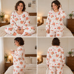 Quatre angles de Pyjama moumoute femme et ado ours fleuri porté