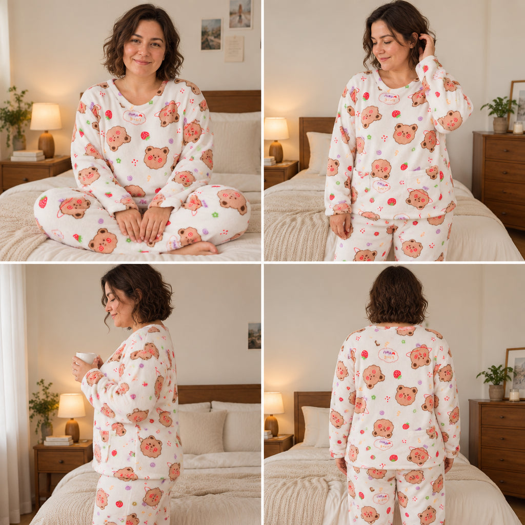 Quatre angles de Pyjama moumoute femme et ado ours fleuri porté